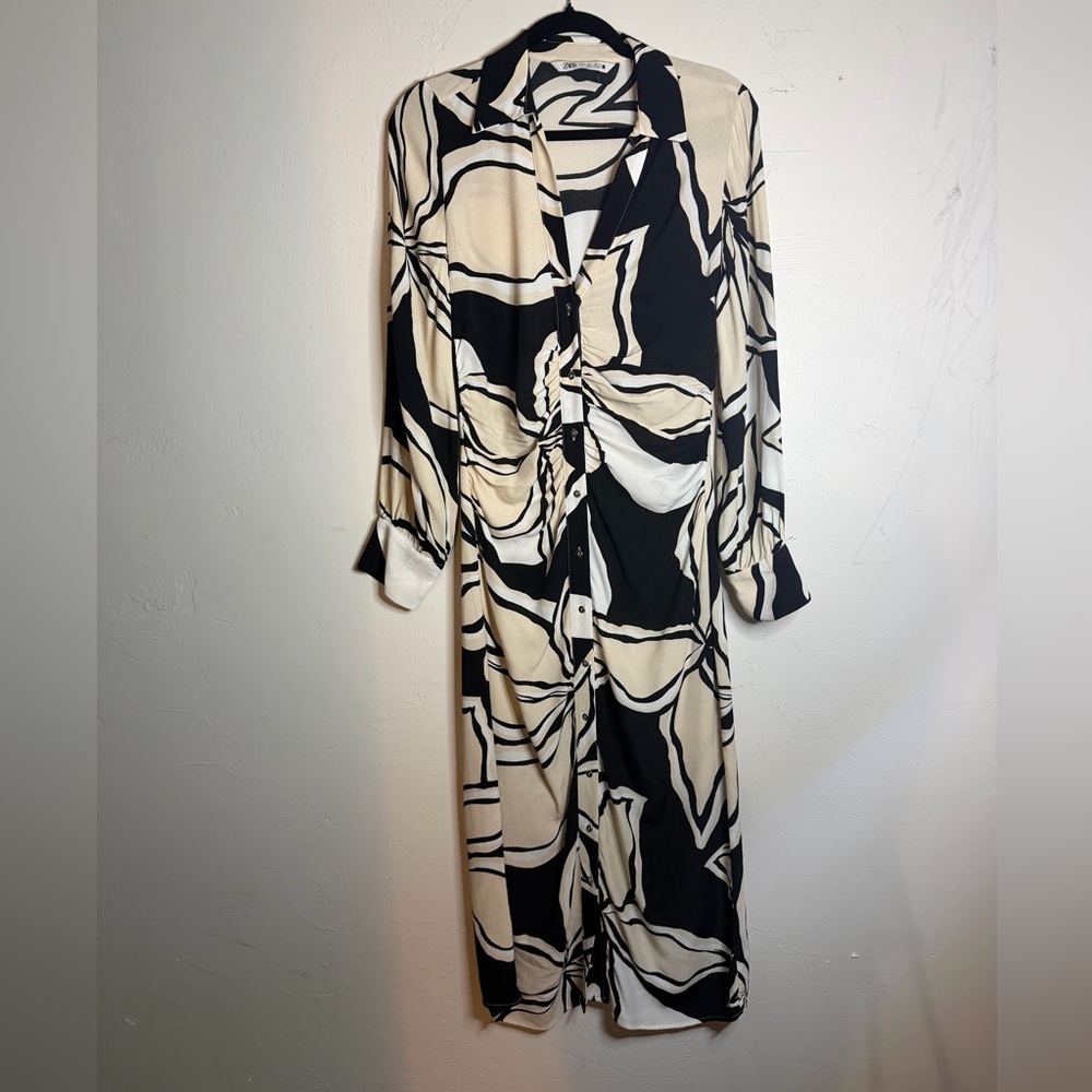 ZARA Abstract Print Button Front Midi Dress – Black & Cream